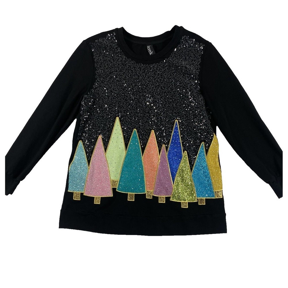2/$30 Berek Christmas Sweater Women One Size Black Sequins Trees Sparkle